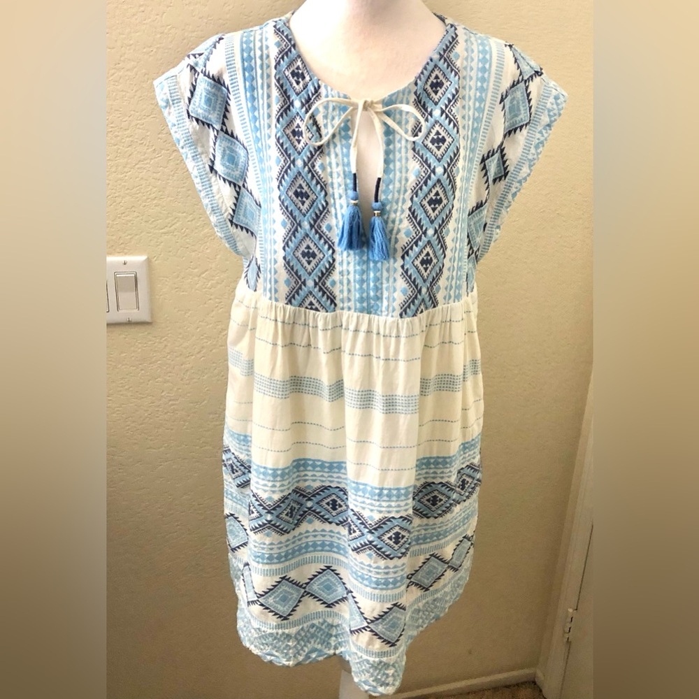 Anthropologie Blue and Cream Patterned Dress w/ Embroidery